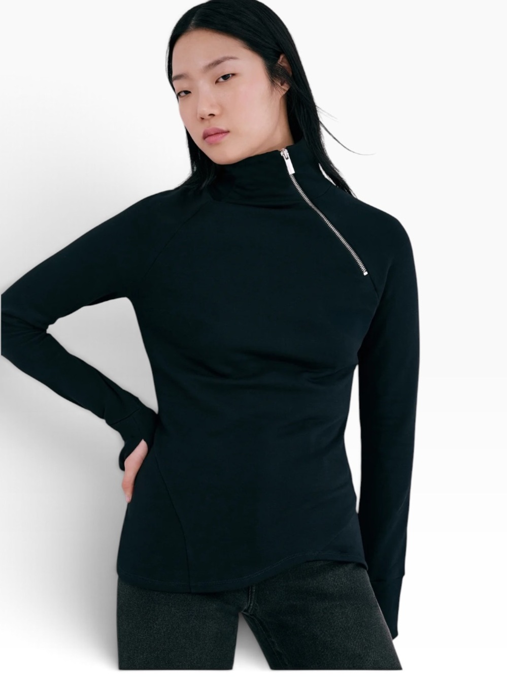Marcella NYC Brie black mid-weight French Terry sweatshirt mock neck asymmetric